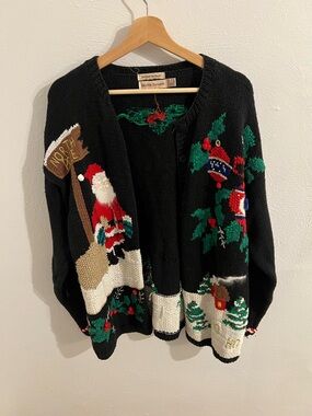 Lauren Hansen Hand Knitted Black Holiday Santa Cardigan